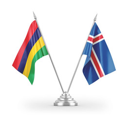 Iceland and Mauritius table flags isolated on white 3D rendering