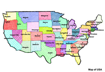 Map of USA with regions. Colorful graphic illustration with map of USA. American map with regions. Map with abstract colors.