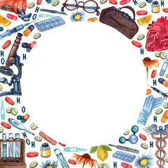 Watercolor frame of medical tools: human heart, thermometer, pills, microscope, herbs, glass,test tubes  on white background.  Hand drawn Health care elements