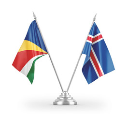 Iceland and Seychelles table flags isolated on white 3D rendering