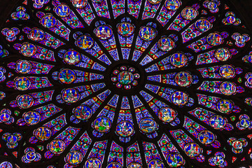 Stained glass windows inside Notre-Dame Cathedral - Paris, France
