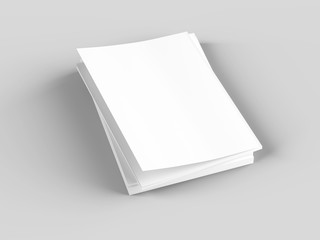 Open magazines with a glued binding. Stack of catalogues. Vertical A4 format. 3d illustration.