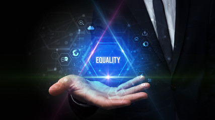 Man hand holding EQUALITY inscription, social media concept