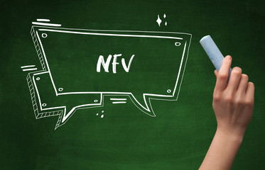 Hand drawing NFV abbreviation with white chalk on blackboard