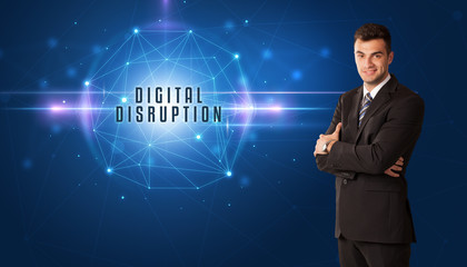 Businessman thinking about security solutions with DIGITAL DISRUPTION inscription