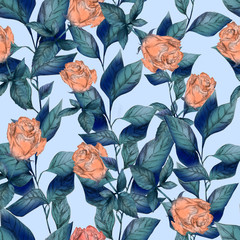 Seamless pattern with and roses green leaves. Fresh texture, background - 327214109