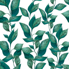 Seamless pattern with green leaves. Fresh texture, background - 327214111