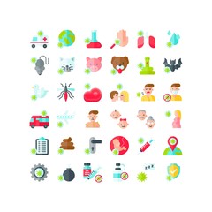 virus transmission or coronavirus related flask, meat, injection, hand wash, water drop, world globe, gear, ambulance, cat, dog, snake, pig, pregnant woman, and lungs vector in flat design,