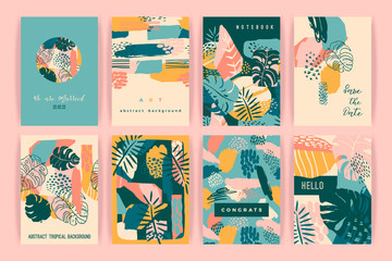 Fototapeta na wymiar Creative set of templates with tropical plants and artistic background.