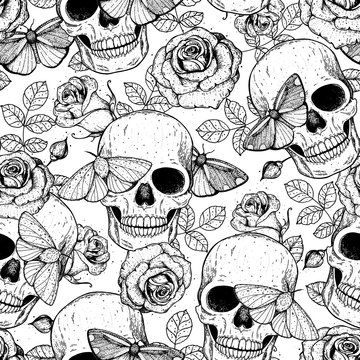 Skull, butterfly and roses seamless pattern. Hand drawn vector illustration. Fabric design template. Skull and moth background.