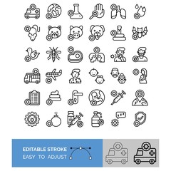 virus transmission or coronavirus related flask, meat, injection, hand wash, water drop, world globe, gear, ambulance, cat, dog, snake, pig, pregnant woman, and lungs vector in lineal style,