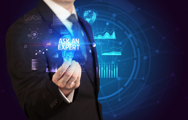 Businessman holding lightbulb with ASK AN EXPERT inscription, Business idea concept