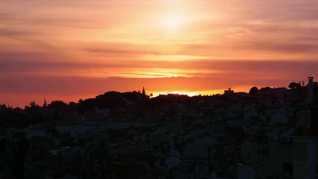 Red orange sunset over Lisbon, Portugal