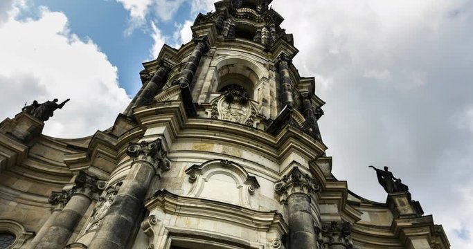 A time lapse at the city of Dresden, capitol of Saxony, close up timelapse to the Zwinger of Dresden, Saxonia, Germany with fast moving clouds on blue sky. The historic old town of Dresden.