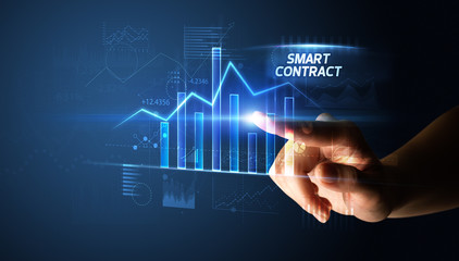 Hand touching SMART CONTRACT button, business concept