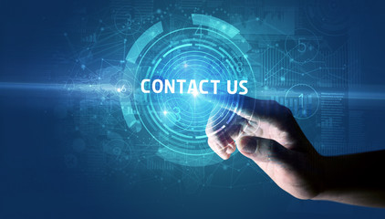 Hand touching CONTACT US button, modern business technology concept