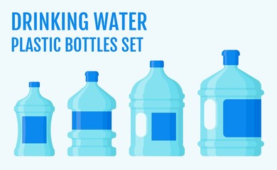 drinking water plastic large size cans fill from water with caps and labels vectors illustration in flat design,