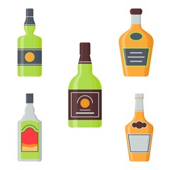 champagne, whiskey, vodka, beer, wine, alcoholic bottles with labels vector illustration in flat style,