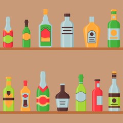 bottles illustration related champagne, whiskey, vodka, beer, wine, alcoholic bottles with caps and labels vector illustration in flat style,