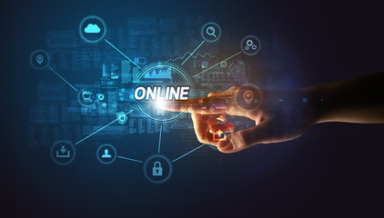 Obraz premium Hand touching ONLINE inscription, Cybersecurity concept