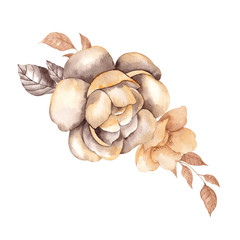 Watercolor illustration with vintage flowers and leaves, isolated on white background