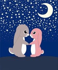 Cute loving couple rabbits vector illustration. Isolated on night sky with stars and moon.