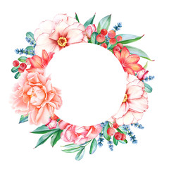 Beautiful floral frame with watercolor flowers and berries