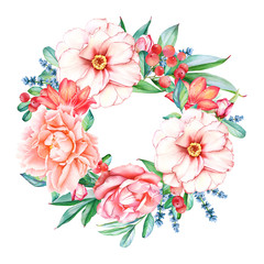 Beautiful floral frame with watercolor flowers and berries