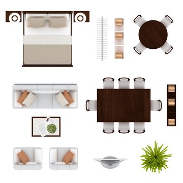 Floor plan furniture set top view 3D illustration.