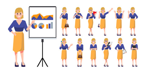 Business woman in job and lifestyle daily routine character set. Business people in occupation and job details.
