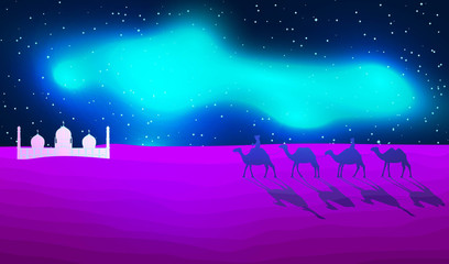 Panoramic Landscape of the Desert. Caravan of Camels Goes to the Arabic Oasis at Night. Aurora Borealis in Tropics. Raster Illustration