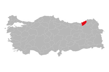 Rize province marked red color on turkey map vector. Gray background.