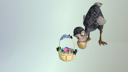 Easter scene vulture baby bird sitting with Easter egg basket. Pretty, funny, cartoon characters, isolated on light background for clipping and editing. 3d rendering. 3d illustration