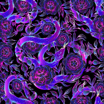 Roses and snake. Seamless pattern, background. Graphic drawing, engraving style. Vector illustration in neon, fluorescent colors