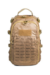 tactical backpack color coyote front view isolated on white background