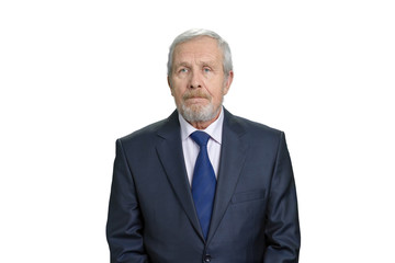 Portrait of old senior man in business suit. White isolated background.