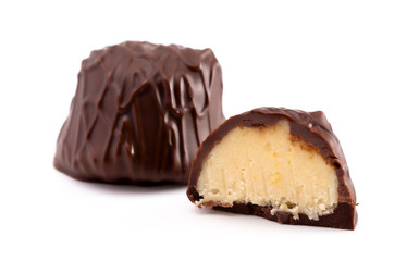 Chocolate Lemon Truffle Cut Open and Isolated on a White Background