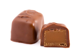 Chocolate Caramel Truffle Cut Open and Isolated on a White Background