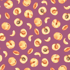 Watercolor peaches pattern. Seamless pattern with watercolor peaches on violet background. Fruits seamless pattern. Watercolor fruits background. Summer background. 