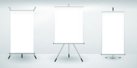 Meeting Projector Screen Vector Set. White Board Presentation Conference With Tripod And Hanging. Empty White Board Presentation And Showing Your Project Illustration