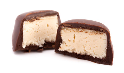 Chocolate Vanilla Cream Truffle Cut Open and Isolated on a White Background