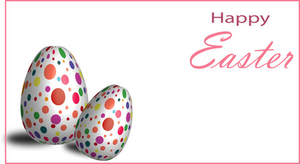 Easter eggs. Happy easter card. Multi-colored Easter eggs on a white background. Two Easter eggs on a light background. Easter greetings. Banner. Copy space. Print
