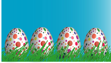 Fototapeta na wymiar Easter eggs. Happy easter card. Multi-colored Easter eggs on the grass on a blue background. Easter eggs on a light background. Easter card. Easter greetings. Happy easter. Banner. Copy space