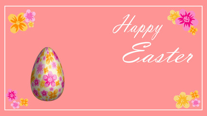 Easter eggs. Happy easter illustration. Egg on pink background, easter background. Easter background. Multi-colored flowers. Banner. Place for text