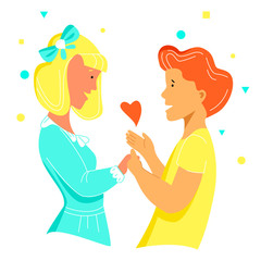 Vector flat illustration young couple in love. Concept of love, acceptance, courtship, Valentine's Day. It can be used in web design, postcards, banners, various printing, textile and other products.