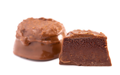 Chocolate Dark Fudge Truffle Cut Open and Isolated on a White Background