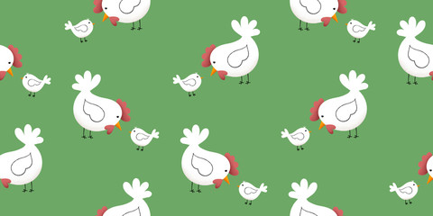Easter chicken pattern, spring hen and chicken bird holiday seamless pattern