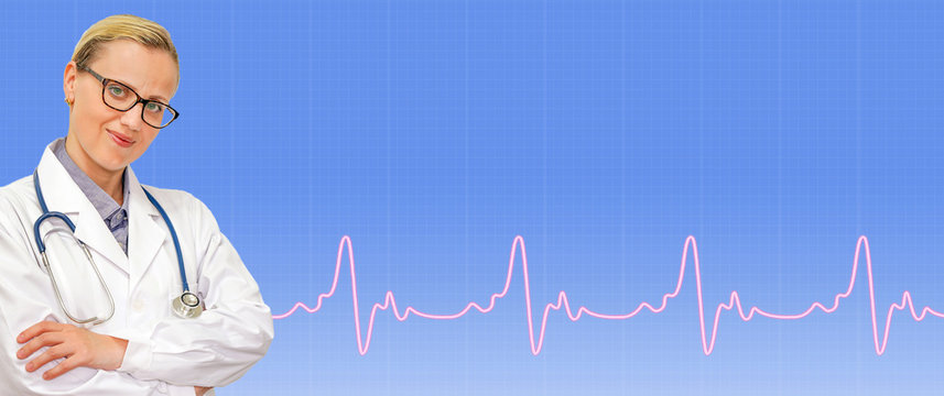 Female Doctor With Ecg Line On Medical Blue Background. Medical Banner Witha Female Doctor Against A Blue EKG Grid Background With Copy Space. Medical Web Sites With Copy Space. Health Care Banner.