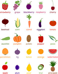 Collection of different colored vegetables and fruits icons in flat style isolated on white background
