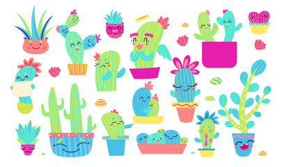 Funny cacti characters set